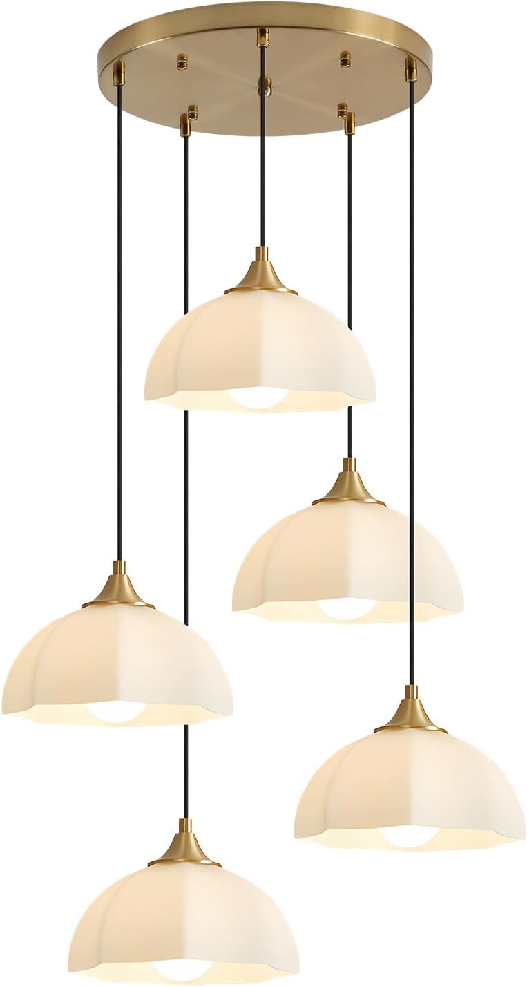 Modern 5 Light Brushed Gold Pendant Lighting Mid Century Milk Glass Cluster Pendant Lights Kitchen Island Adjustable Brass Hanging Chandelier Vintage White Ceramic Light Fixture MPL17-5R GD