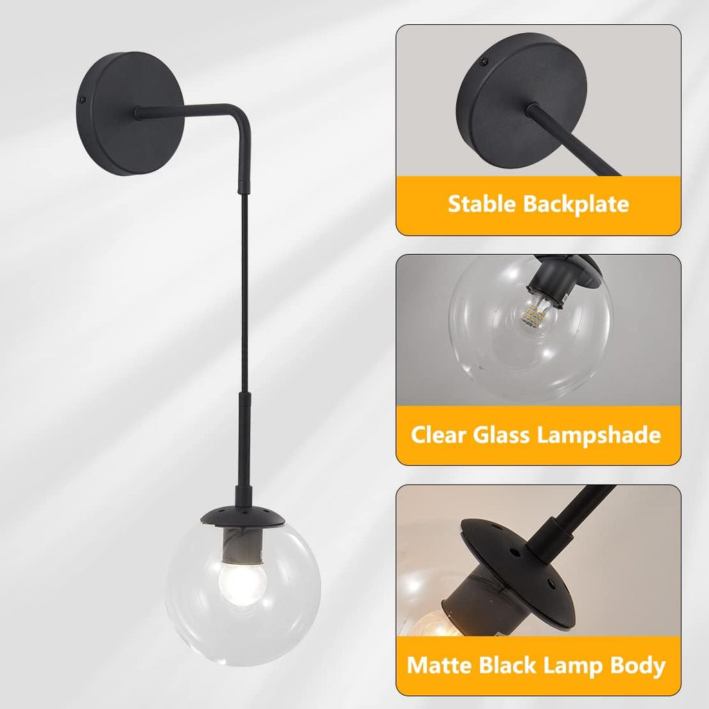 BOKT Mid Century Modern Black Wall Sconce Light Set of Two Clear Glass Globe Ball Wall Lighting Set of 2 Minimalist Adjustable Bedside Wall Lamp 1-Light Vanity Bathroom Wall Light Fixture (Clear)