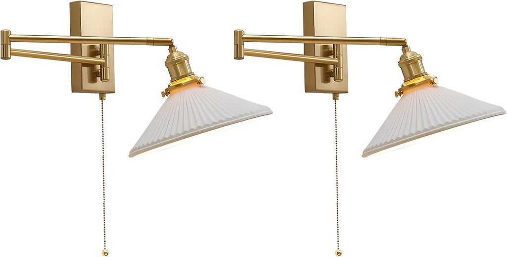 Swing Arm Sconces 2pk, Brushed Gold Hardwired Wall Lamp Pull Chain | Adjustable swing arm wall sconces in brushed gold with frosted glass; 180° rotation for bedside and vanity use; E26 base