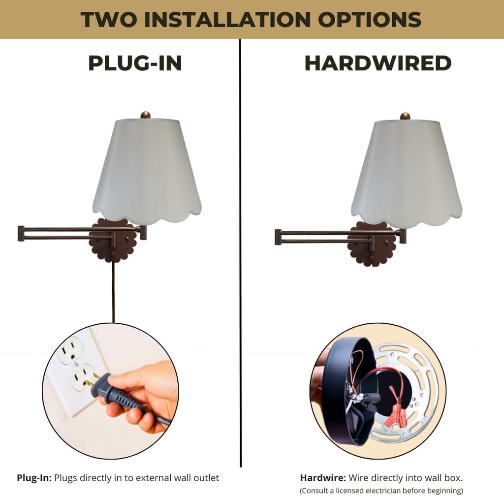 Royal Designs, Inc. Set of 2 Scalloped Swing-Arm Dimmable Wall Lamp - Oil Rubbed Bronze Lamp with Gray Scallop Hardback Lampshade