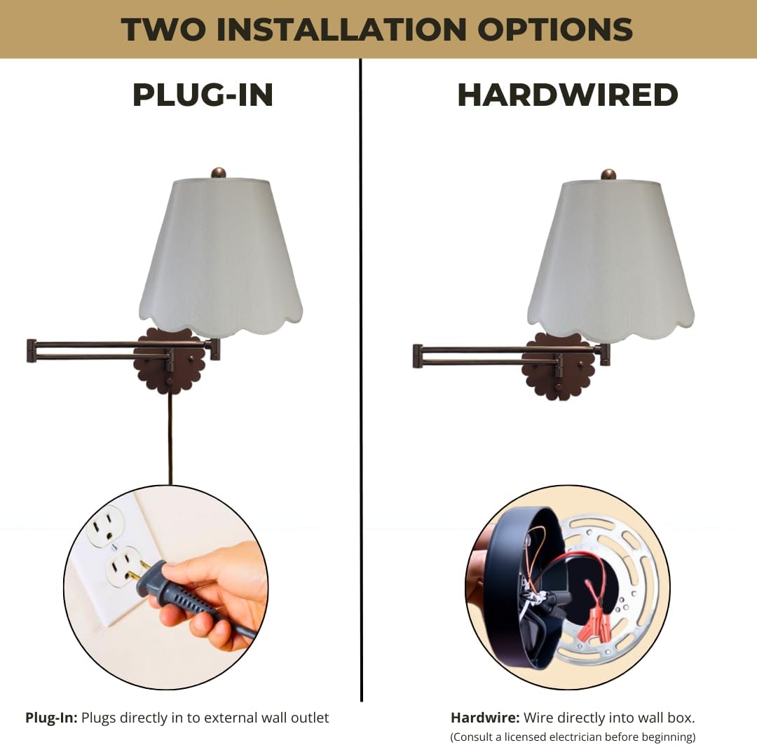 Royal Designs, Inc. Set of 2 Scalloped Swing-Arm Dimmable Wall Lamp - Oil Rubbed Bronze Lamp with Gray Scallop Hardback Lampshade