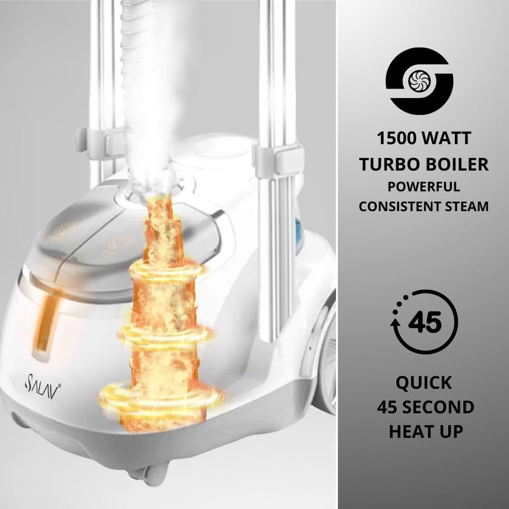 SALAV GS45-DJ Professional Upright Garment Steamer with Roll Wheels, Multi-Function Extra Wide Hanger, Fabric Brush & Mini Ironing Paddle, 1500 watts, Silver