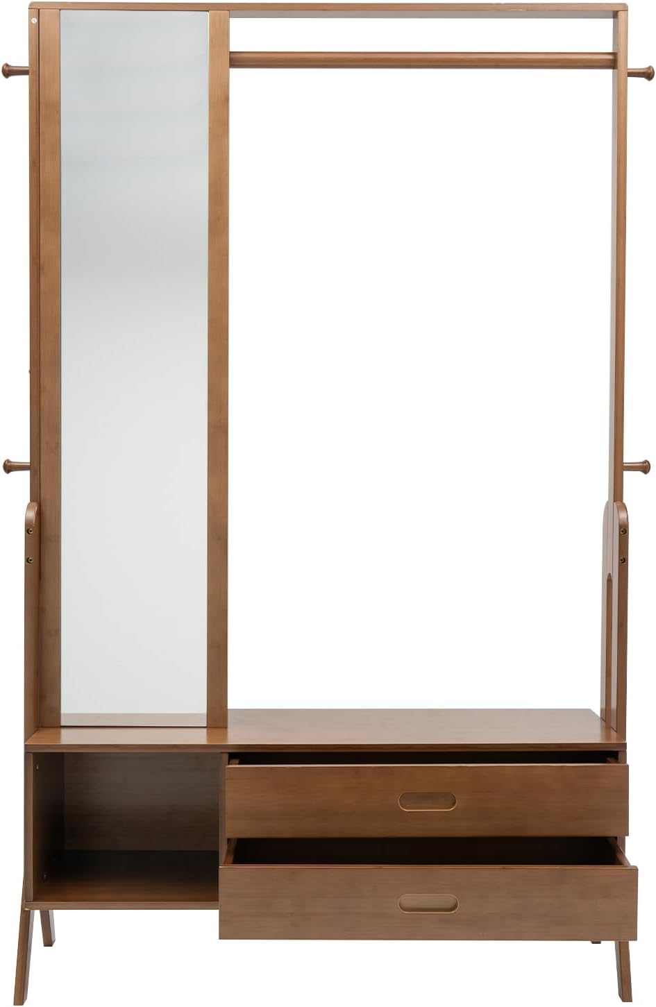 Bamboo Garment Rack Freestanding Closet Rack W/Mirror Drawer &Hooks, Freestanding Closet Organizer Clothing Rack, Coat Rack Wardrobe Closet for Bedroom, Living Room