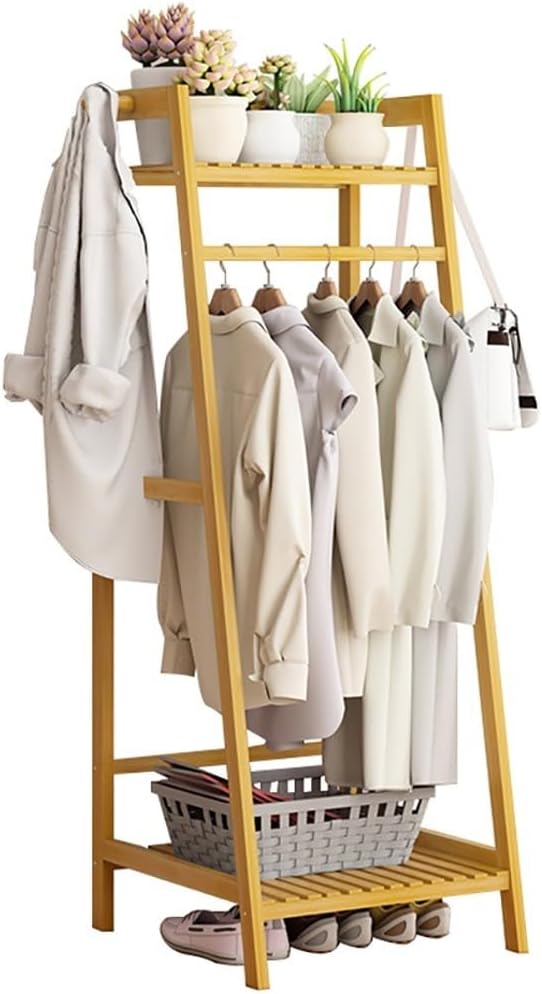 Bamboo Freestanding Coat Garment Rack with Hanging Rod and Trapezoid Structure Open Wardrobe Clothing Storage for Bedroom and Hallway