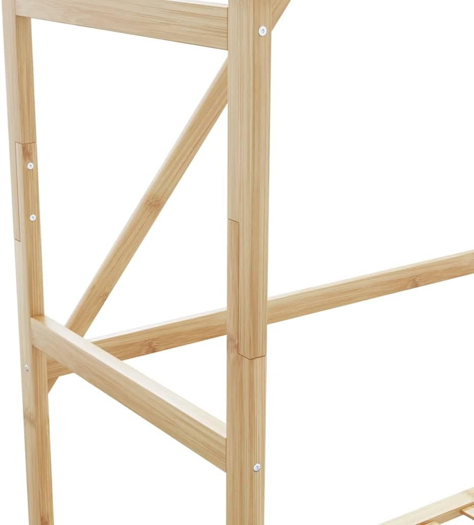 Bamboo Clothes Rack for Hanging Clothing, Freestanding Garment Organizer with Shelves, Ideal for Bedroom Storage