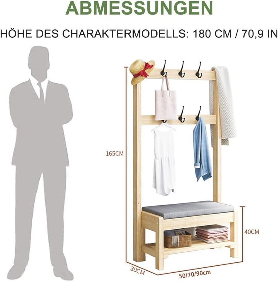 Bamboo Garment Rack, Portable Coat Rack with Bench, for Hanging Clothes, for Hallway Entryway/70 * 30 * 165Cm (50*30*165cm )