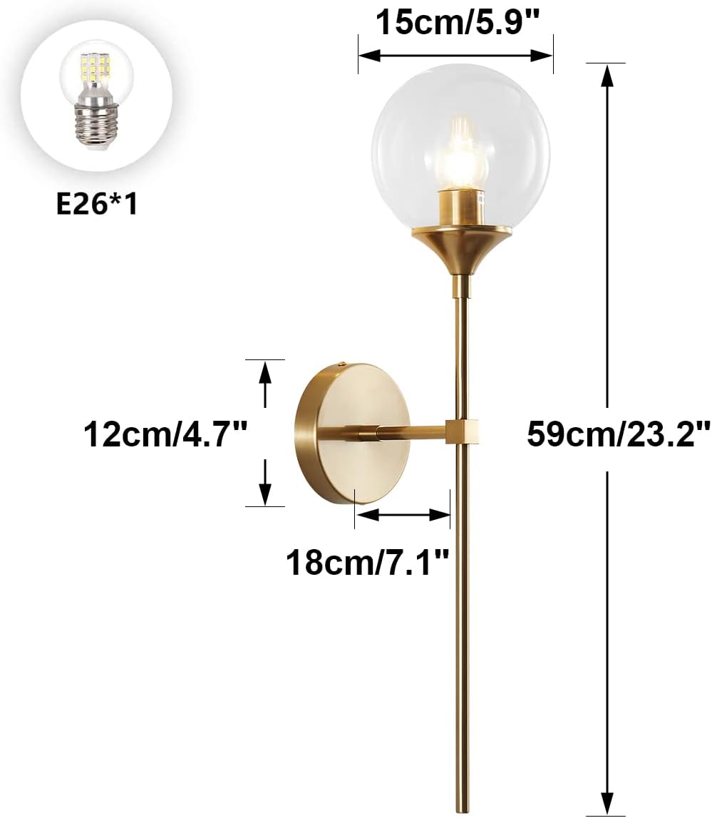 BOKT Clear Bubble Glass Globe Wall Mounted Sconce Light Set of 2 Modern Brass Gold Long Pole Wall Sconce Lighting Set of Two Mid Century Vintage Bathroom Mirror Wall Lamp (Clear)