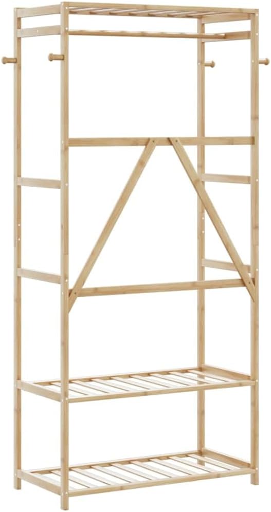 Bamboo Clothes Rack for Hanging Clothing, Freestanding Garment Organizer with Shelves, Ideal for Bedroom Storage