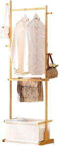 Bamboo Garment Rack Freestanding Clothes Hanging Shelf Bedroom Clothing Organiser Rack with Top Hanging Rod and Bottom Storage Shelves for Living Room Hallway Entryway ,WoodColor-50*34*167cm