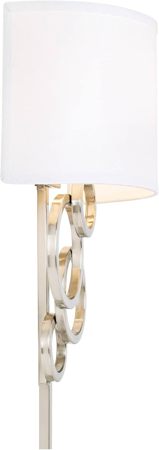 Possini Euro Design Circles Modern Wall Light Sconces Set of 2 Brushed Nickel Silver Metal Plug-in 12' Fixture Off-White Cotton Half Shade for Bedroom Bathroom Vanity Living Room Home Hallway House