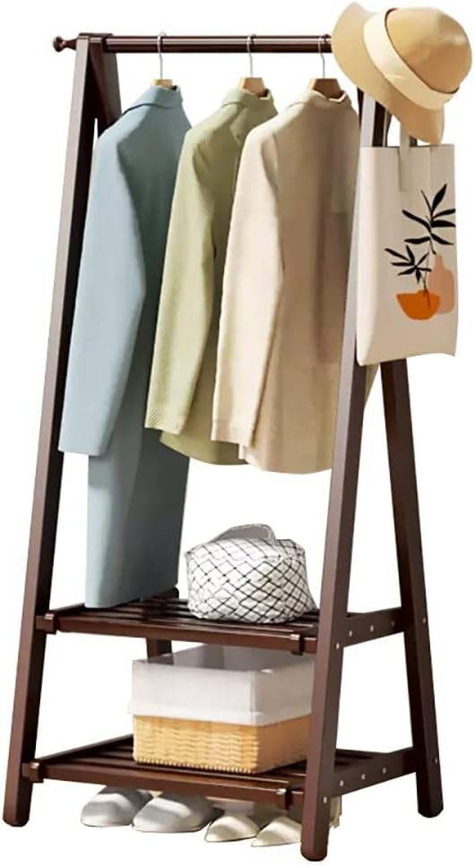 Coat Rack Bamboo Clothing Garment Rack with Coat Rail and Shoe Organizer Shelf Heavy Duty Clothes Stand for Wardrobe Storage