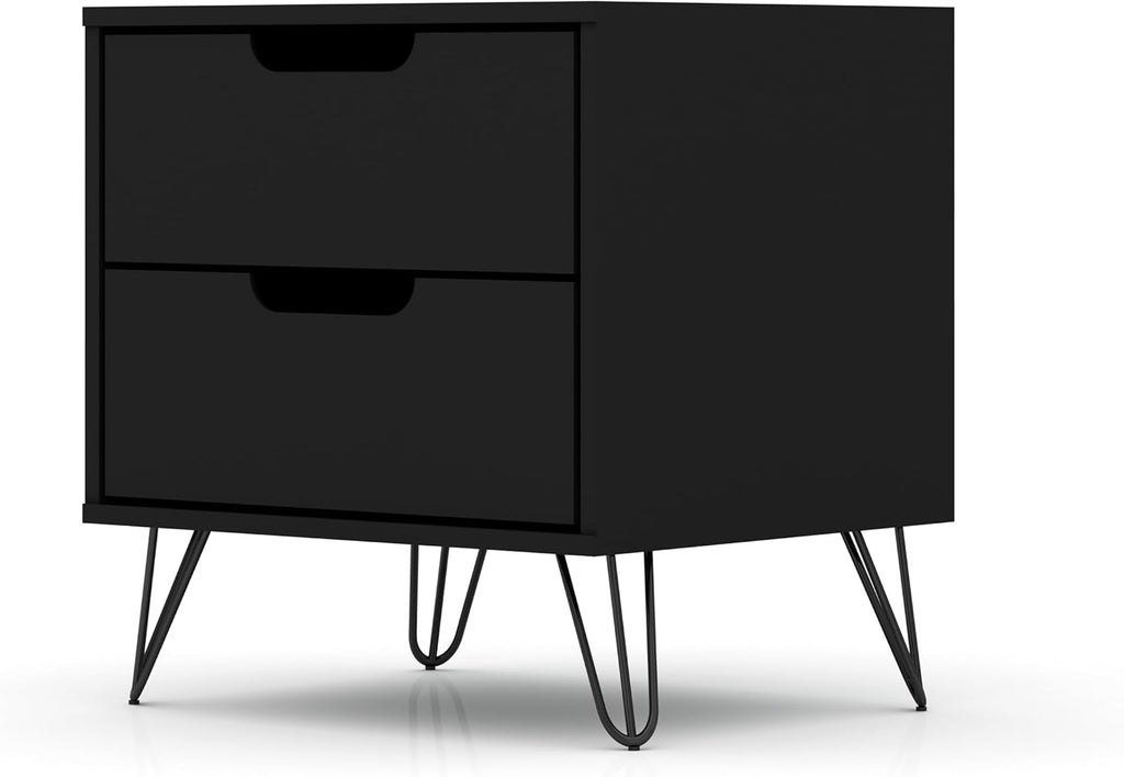 Manhattan Comfort Rockefeller Nightstand with Drawers, Mid Century Modern Bedside Table, Minimalist Display and Storage Organizer, Ideal for Bedroom and Living Room, Black