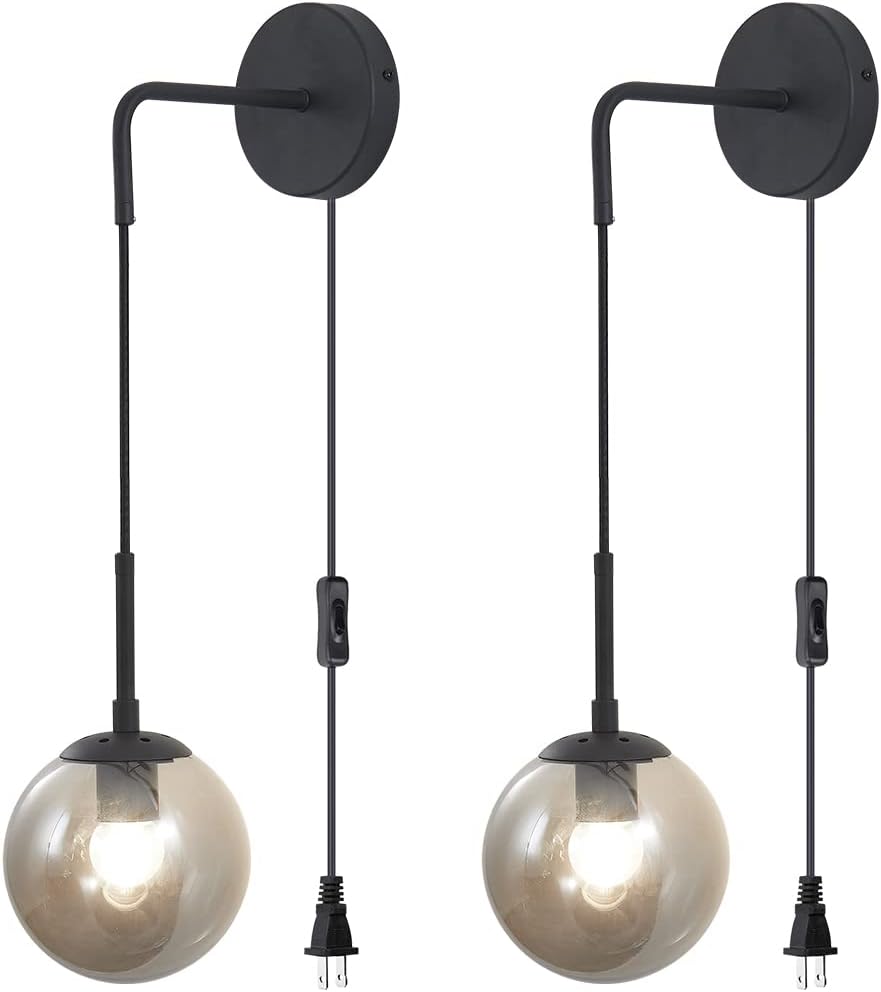 BOKT Modern Smoke Gray Glass Wall Sconce Lighting Set of Two Plug in Cord Mid Century Matte Black Wall Light Fixture Set of 2 Plug in Vanity Globe Bathroom Wall Lamp (Smoke Gray)