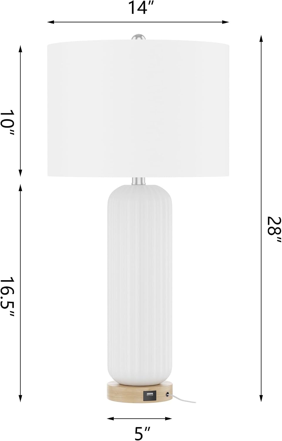 Maxax 28' Ceramic Table Lamps Set of 2, White Modern Nightstand Lamp with USB Charging Port, 3 Way Dimmable Bedside Lamp with Linen Shades for Bedroom, Living Room and Office