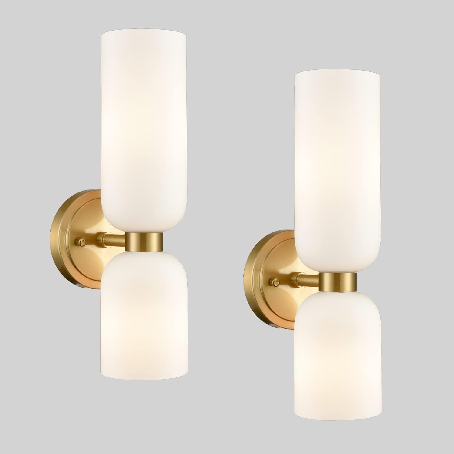 DEYNITE Gold Wall Sconces Set of Two 2-Light Modern Wall Light 3.93'(W)*14.2'(H) Bathroom Vanity Light Milky White Glass