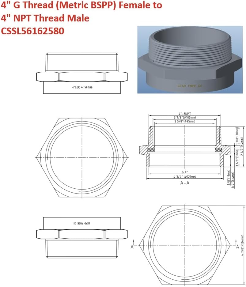 G Thread (British BSPP) Female to NPT Thread Male Pipe Fitting Adapter - Lead-Free Adapter (4' x 4' (2 Pieces))