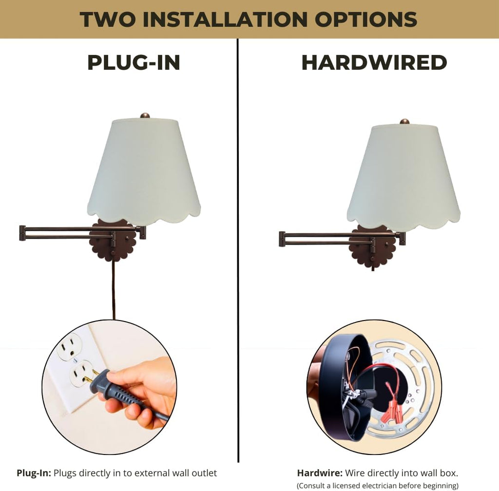 Royal Designs, Inc. Set of 2 Scalloped Swing-Arm Dimmable Wall Lamp - Oil Rubbed Bronze Lamp with Linen Eggshell Scallop Hardback Lampshade