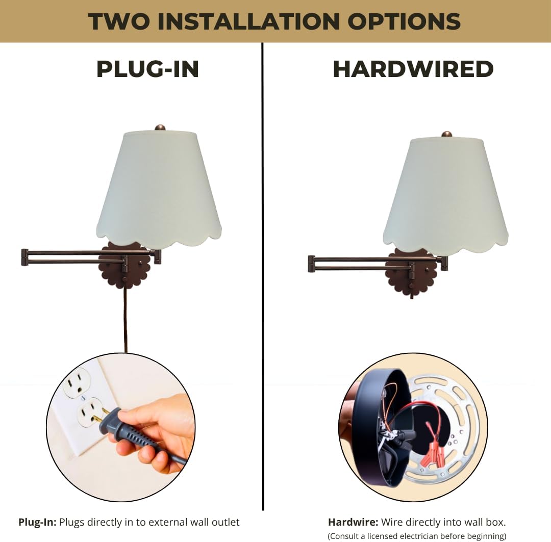 Royal Designs, Inc. Set of 2 Scalloped Swing-Arm Dimmable Wall Lamp - Oil Rubbed Bronze Lamp with Linen Eggshell Scallop Hardback Lampshade
