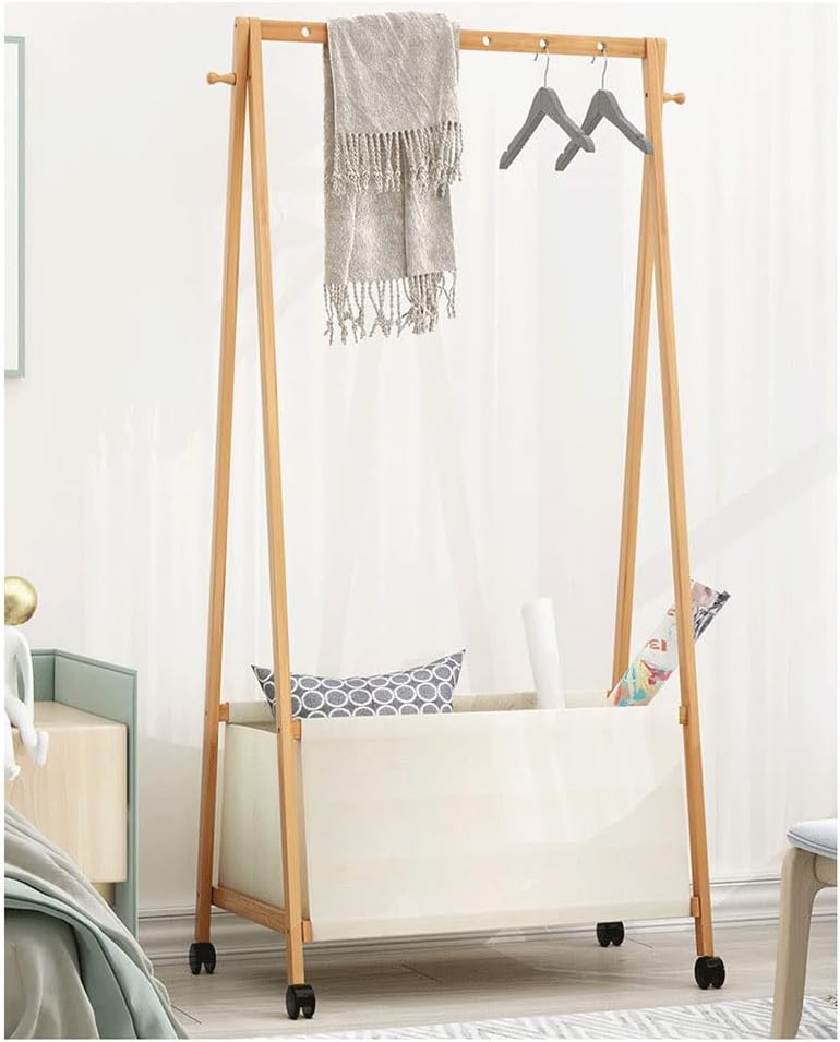 Foldable Clothes Hanging Rack, Bamboo Garment Rack on Wheels, for Bedroom Living Room, Space Saver/110 * 37 * 146Cm