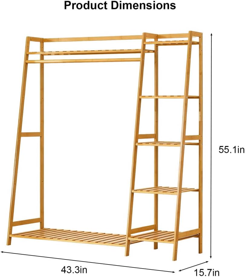 Freestanding Bamboo Clothing Garment Rack with Hanging Rod & Shelves – Multi-Tier Closet Organizer with Shoe Storage for Bedroom, Entryway, Living Room
