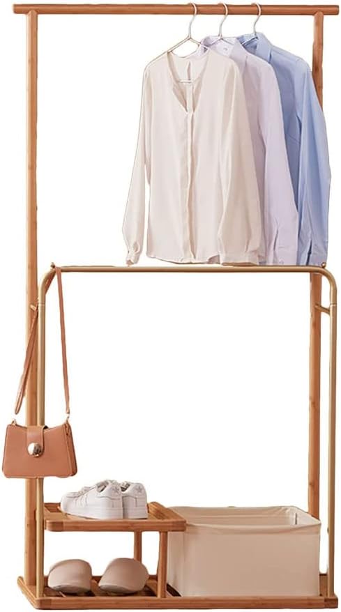 Double Rod Coat Rack Bamboo Coat Stand with Storage Basket Coat Tree Freestanding Clothes Garment Rack for Hanging Clothes