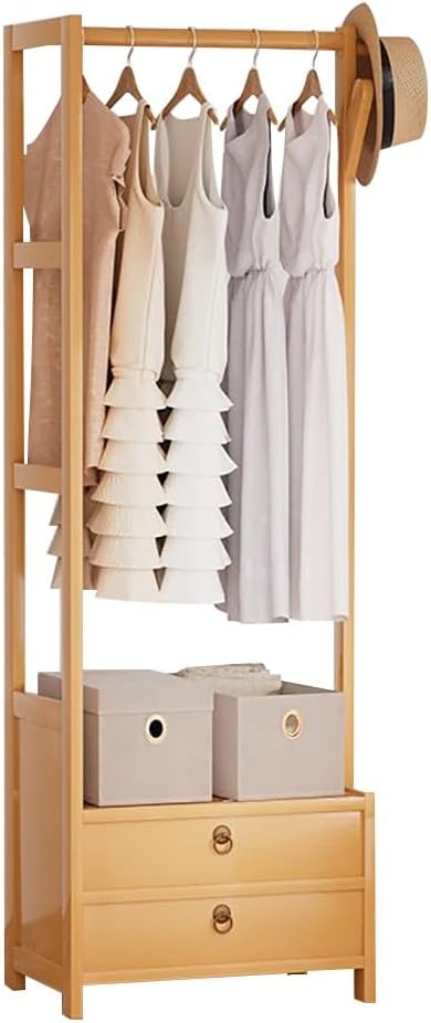 Floor-Standing Solid Wood Rotating Coat Rack，Bamboo Garment Rack with Hanging Rod and Storage Shelves, Free Standing Open Wardrobe Organizer for Bedroom, Hallway, and Closet - Stylish and Du