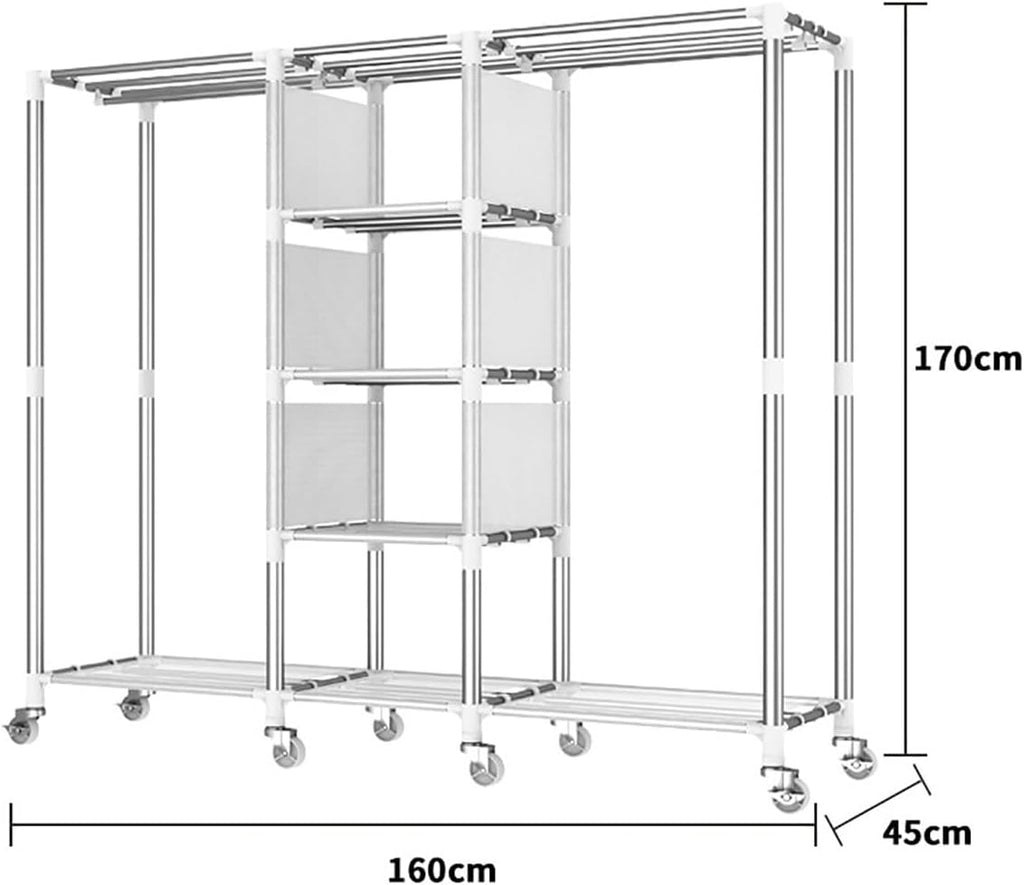 Rolling Clothes Rack with Cover for Bedroom Portable Wardrobe Closet for Hanging Clothes Freestanding Garment Rack with Wheels, Rod and Shelves(B)