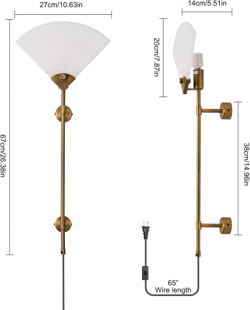Alabaster Plug in Wall Sconce Set of Two, Natural Marble Wall Light, Wall Mounted Lamp with Plug in Switch E26 Base,Modern LED Wall Lamp for Living Room Dining Room Stairs Bedroom