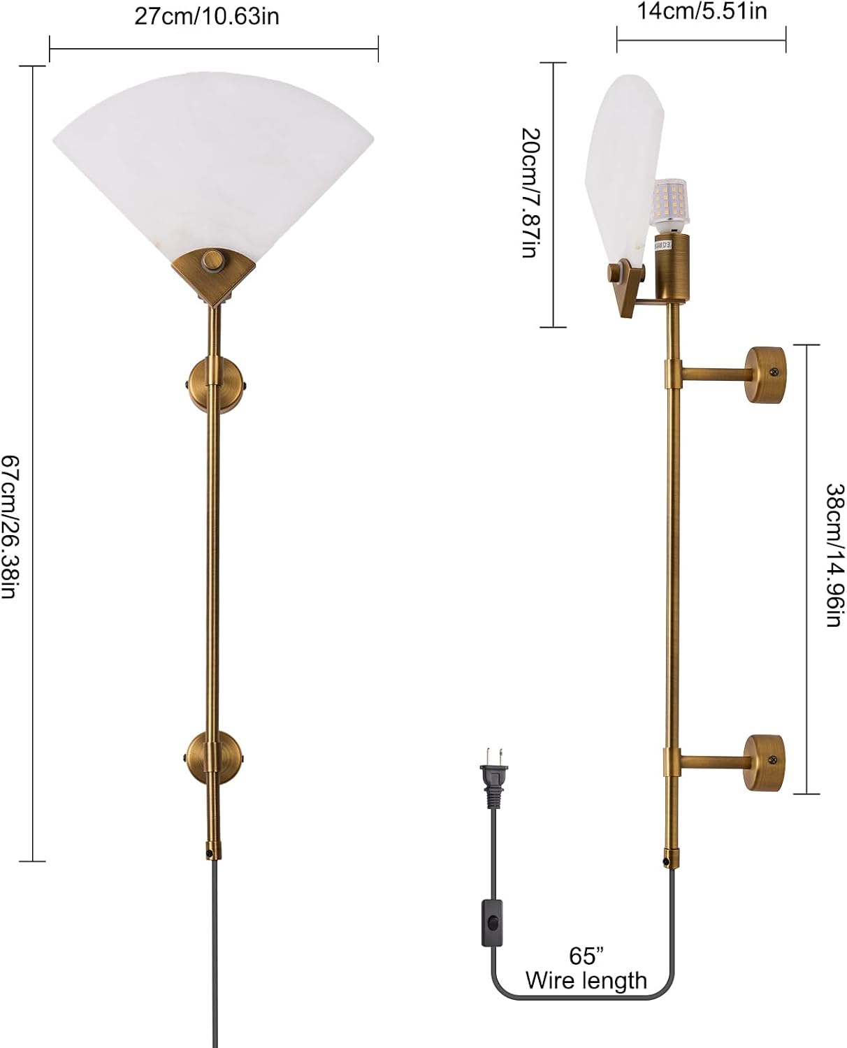 Alabaster Plug in Wall Sconce Set of Two, Natural Marble Wall Light, Wall Mounted Lamp with Plug in Switch E26 Base,Modern LED Wall Lamp for Living Room Dining Room Stairs Bedroom