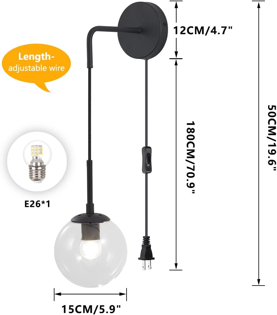 BOKT Mid Century Modern Black Wall Sconce Light Set of Two Plug in Clear Glass Globe Ball Wall Lighting Set of 2 Minimalist Vanity Bathroom Wall Light Lamp Plug in Cord (Clear)