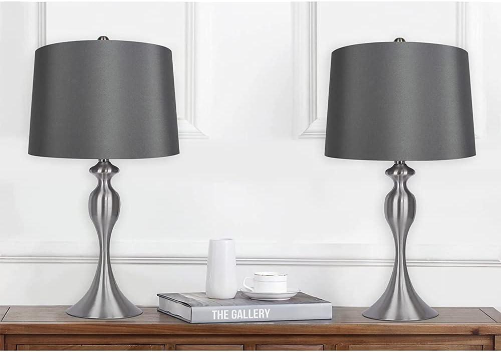 Grandview Gallery Table Lamps with Dark Grey Lamp Shade, Set of 2 - Brushed Nickel Body with Grey Linen Shade, 26.5' Table Lamps for Bedrooms, Dressers, Buffets and More - ST90215FQ-(W)