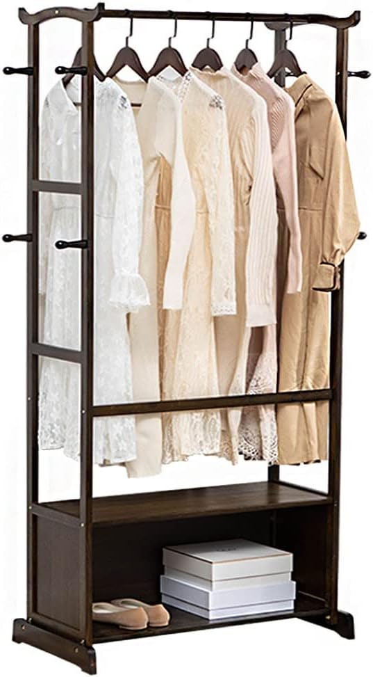 Portable Clothes Racks for Hanging Clothes, Bamboo Garment Rack with 8 Hooks and Lower Storage Shelf for Boxes Shoes Boots, Load 30Kg/a/55 * 39 * 174Cm (B 55*39*174Cm)