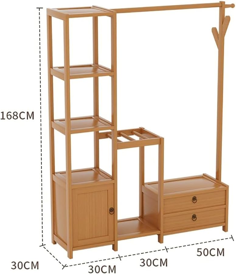 Bamboo Clothes Rack with Hanging Rod and Storage Shelves Free Standing Garment Rack for Bedroom and Hallway
