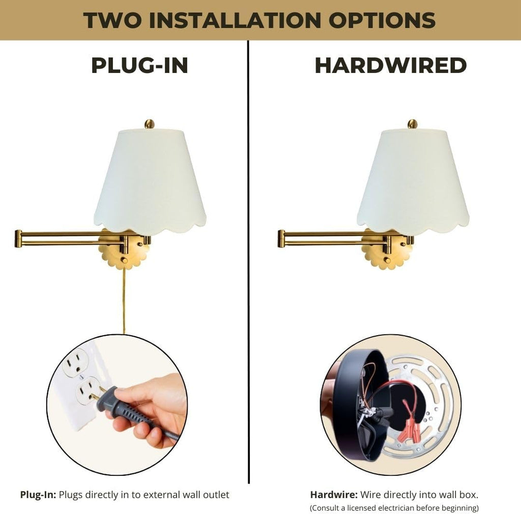 Royal Designs, Inc. Set of 2 Scalloped Swing-Arm Dimmable Wall Lamp - Brushed Satin Brass Lamp with Linen Eggshell Scallop Hardback Lampshade