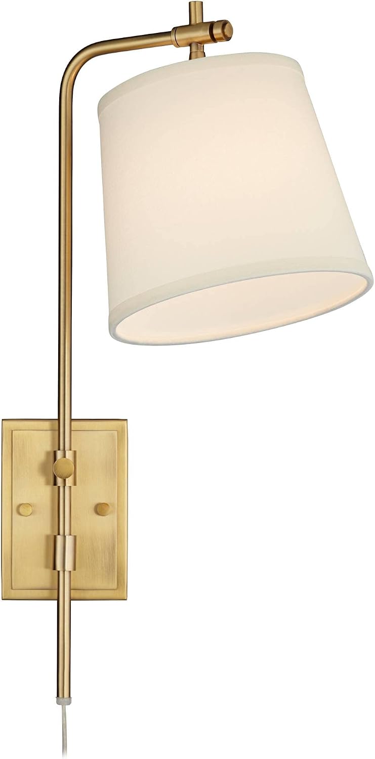 Barnes and Ivy Seline Modern Wall Lamps Set of 2 Warm Gold Metal Plug-in 9' Adjustable Swivel Off-White Linen Drum Shade for Bedroom Living Room Home Hallway Dining Kitchen