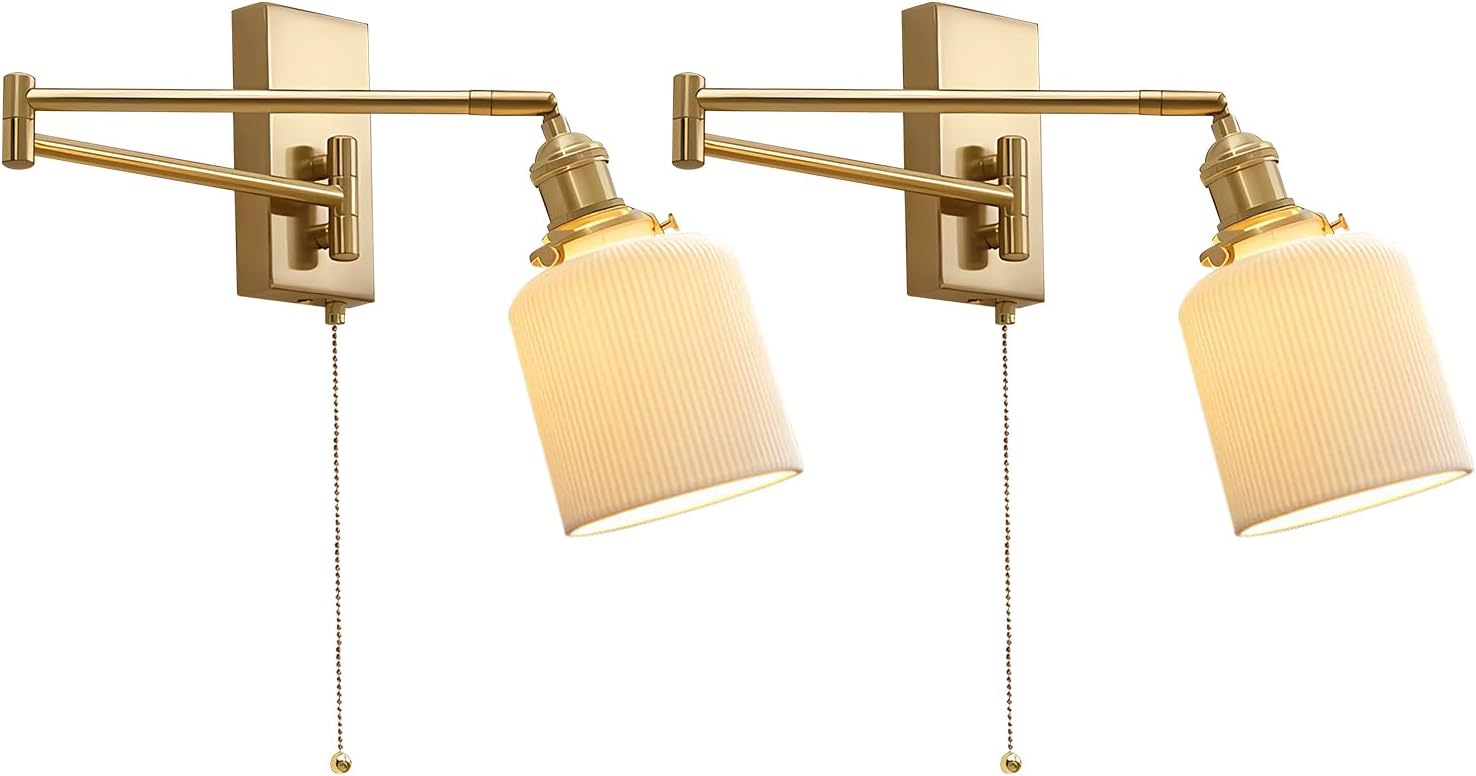 Vintage Antique Brass Wall Sconces Set of Two Gold Modern Farmhouse Wall Lighting Indoor Wall Mount Swing Arm Lamps with Pull Chain Bathroom Sconces Set of 2 Milk Glass Wall Lights MWL14C-2