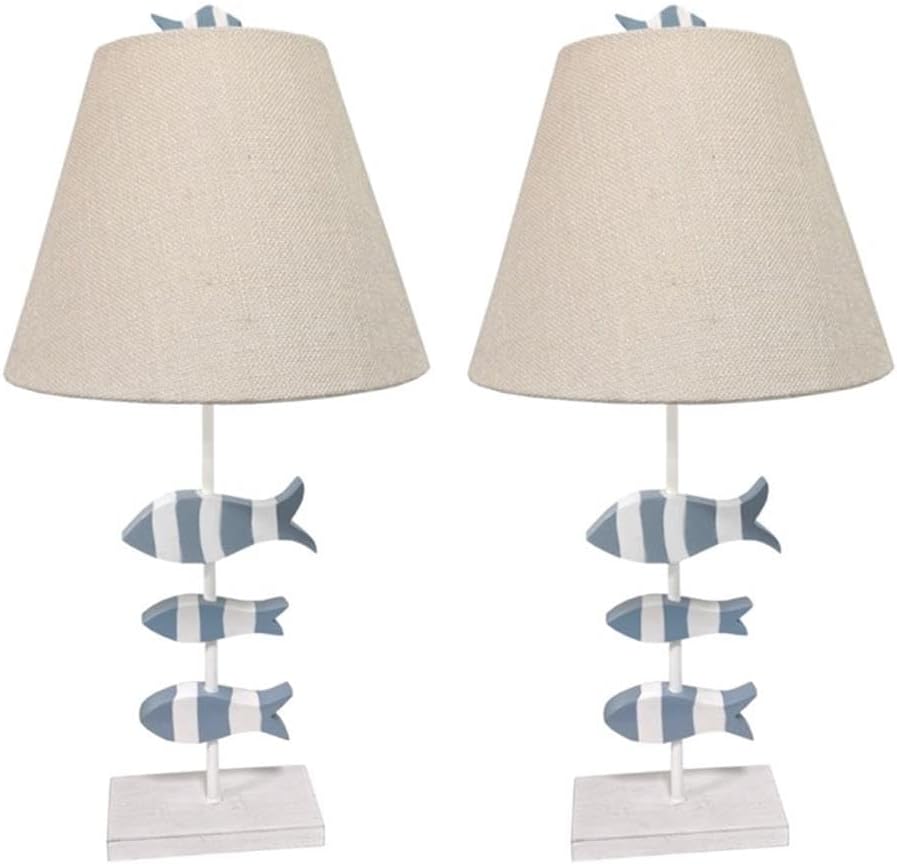 Pemberly Row 28-Inch Blue/White Coastal Table Lamps, Set of 2, Linen Shade, 3-Fish Base Design, 3-Way Switch, Modern Beach Style Lighting for Living Room, Bedroom, or Coastal Decor