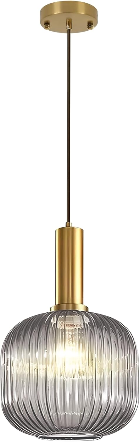 Smoke Gray Glass Pendant Lighting Kitchen Island Vintage Gold Pendant Lamp Mid Century 1-Light Adjustable Pendant Light Fixture Above Kitchen Sink Dining Table Bar Counter