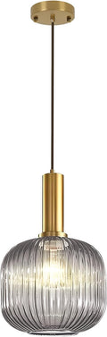 Smoke Gray Glass Pendant Lighting Kitchen Island Vintage Gold Pendant Lamp Mid Century 1-Light Adjustable Pendant Light Fixture Above Kitchen Sink Dining Table Bar Counter