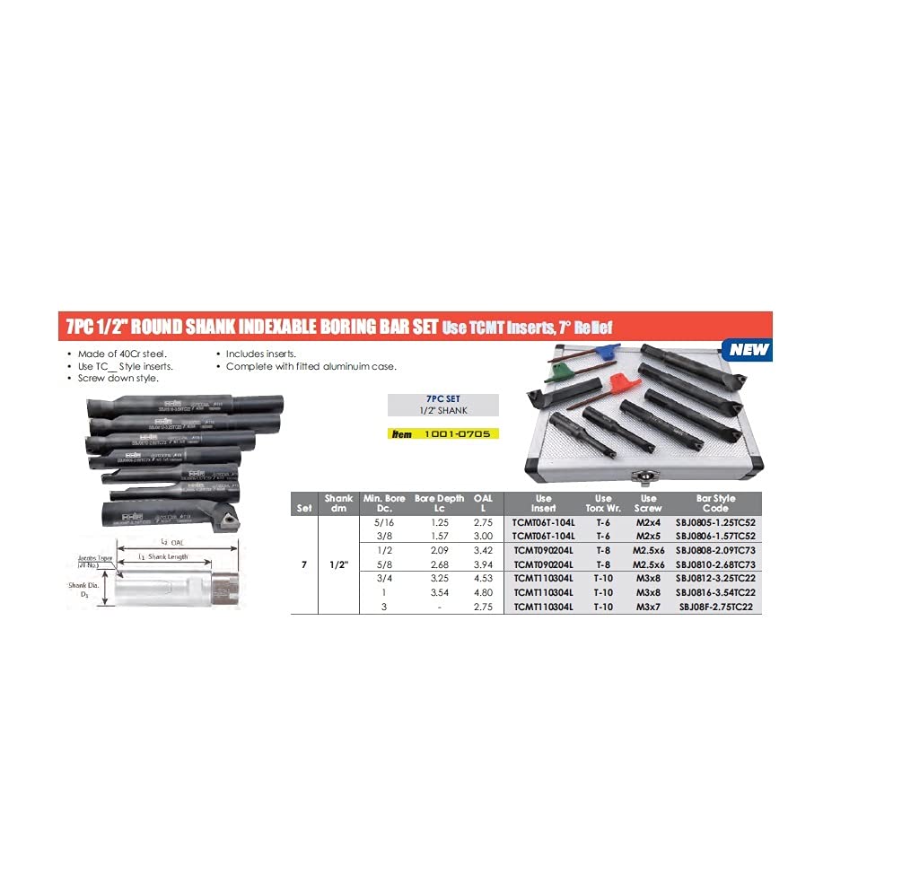 HHIP 1001-0705 7 Piece 1/2' Round Shank Indexable Boring Bar Set