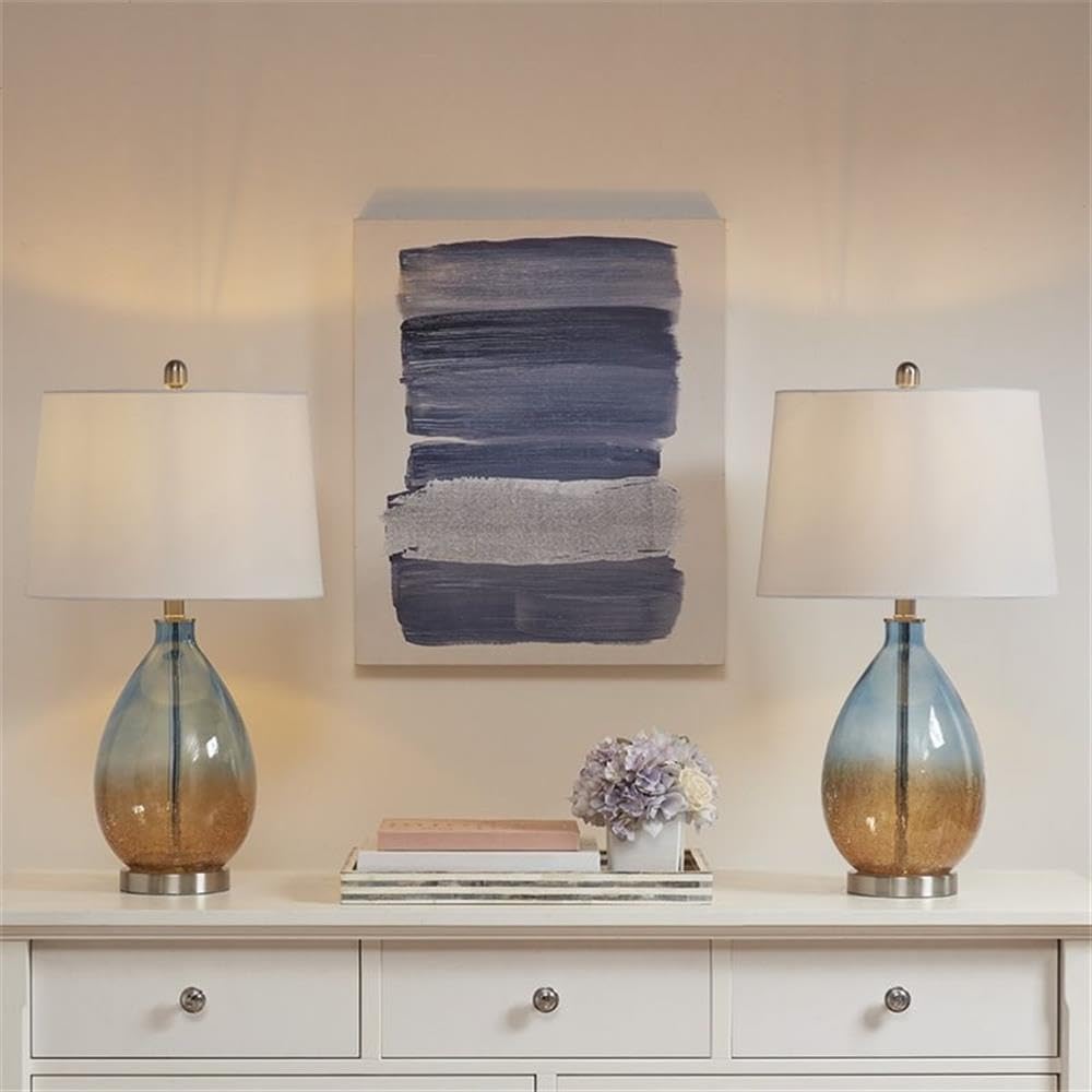 Pemberly Row Set of 2 Contemporary Table Lamps, 26 in Tall, Glass and Fabric, Blue with White Drum Shades, Metal Accents, Ideal for Living Room or Bedroom Lighting