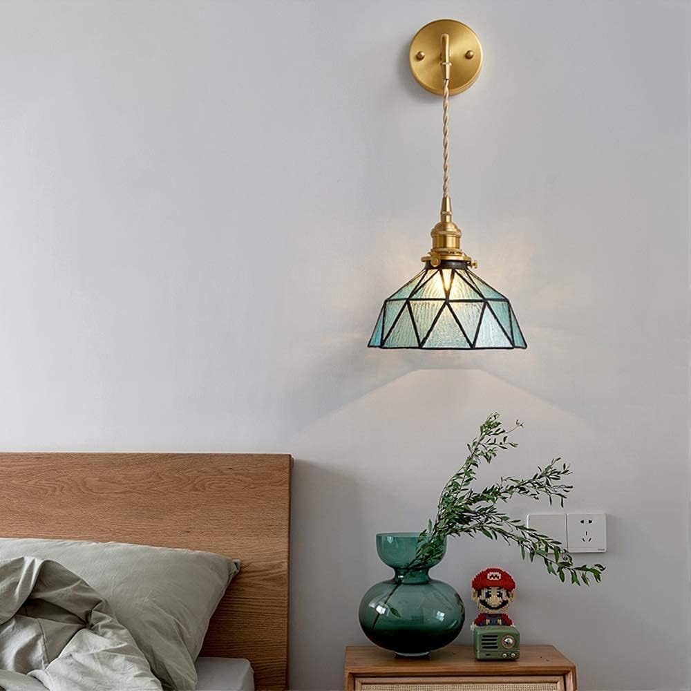 Tiffany Wall Sconces Battery Operated Set of 2,Indoor Wireless Wall Lights with Remote,Blue Glass shade Vintage Hanging Wall Lighting Fixture Wall Decor for Bedroom Bathroom Living Room Hallway