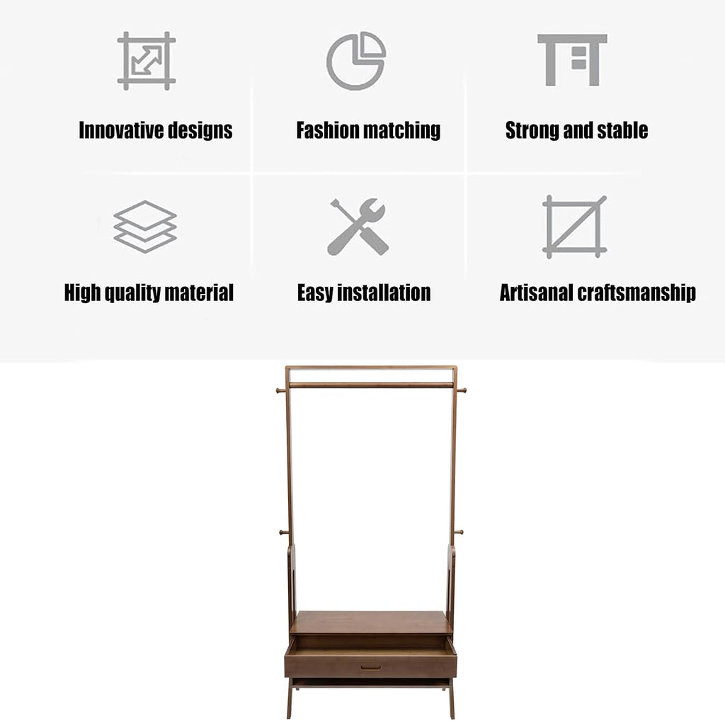 Bamboo Garment Coat Clothes Hanging Rack with Drawer Organizer Shelves, Multi-functional Clothing Storage Rack With Hooks for Bedroom, Laundry Room, Living-room