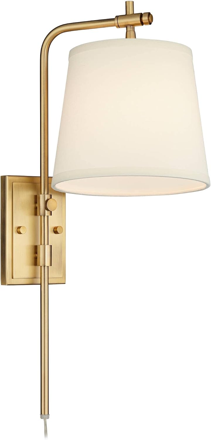 Barnes and Ivy Seline Modern Wall Lamps Set of 2 Warm Gold Metal Plug-in 9' Adjustable Swivel Off-White Linen Drum Shade for Bedroom Living Room Home Hallway Dining Kitchen