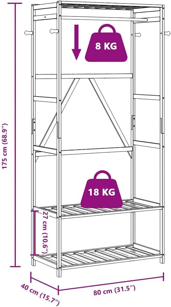 Bamboo Clothes Rack for Hanging Clothing, Freestanding Garment Organizer with Shelves, Ideal for Bedroom Storage