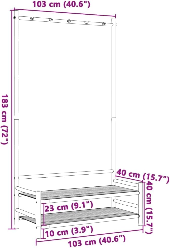 Clothes Rack, Natural Bamboo Compact Clothes Hanging Storage Organizer with Shelves, Entryway Garment Rack for Small Spaces, 15.7 x 40.6 x 72.0 in.
