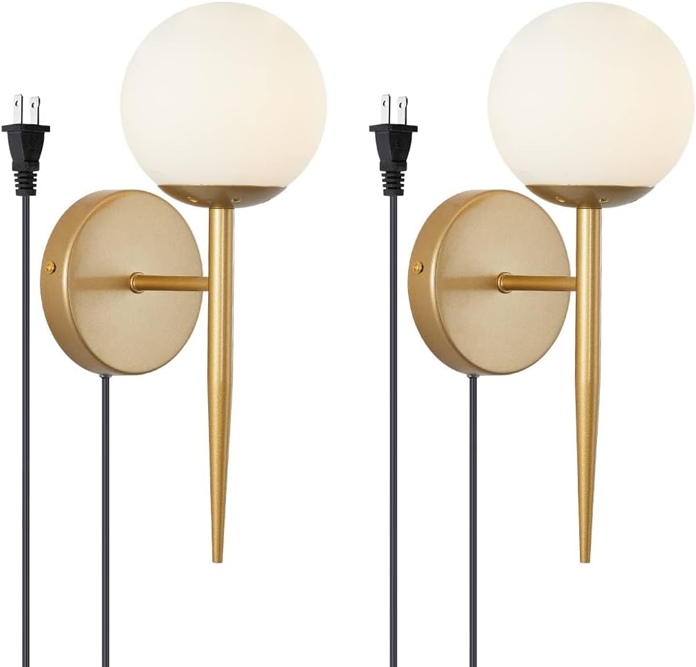 BOKT Mid Century Modern Globe Wall Sconce Set of Two Plug in Cord Brushed Gold Bathroom Wall Sconce Light Set of 2 Plug in Frosted White Glass Bedroom Plug in Wall Lamp (White)