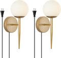 BOKT Mid Century Modern Globe Wall Sconce Set of Two Plug in Cord Brushed Gold Bathroom Wall Sconce Light Set of 2 Plug in Frosted White Glass Bedroom Plug in Wall Lamp (White)