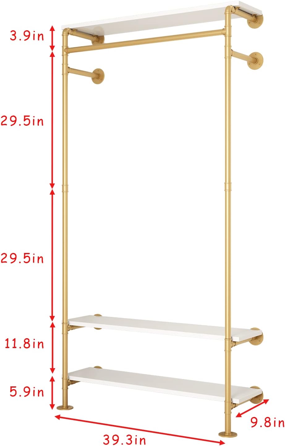 Gold Wall Clothing Racks with White Shelves, Wall Mounted Gold Clothes Rack for Hanging Rods，Heavy Duty Industrial Pipe Clothing Racks With Shelves Retail Display Garment Rack for Home