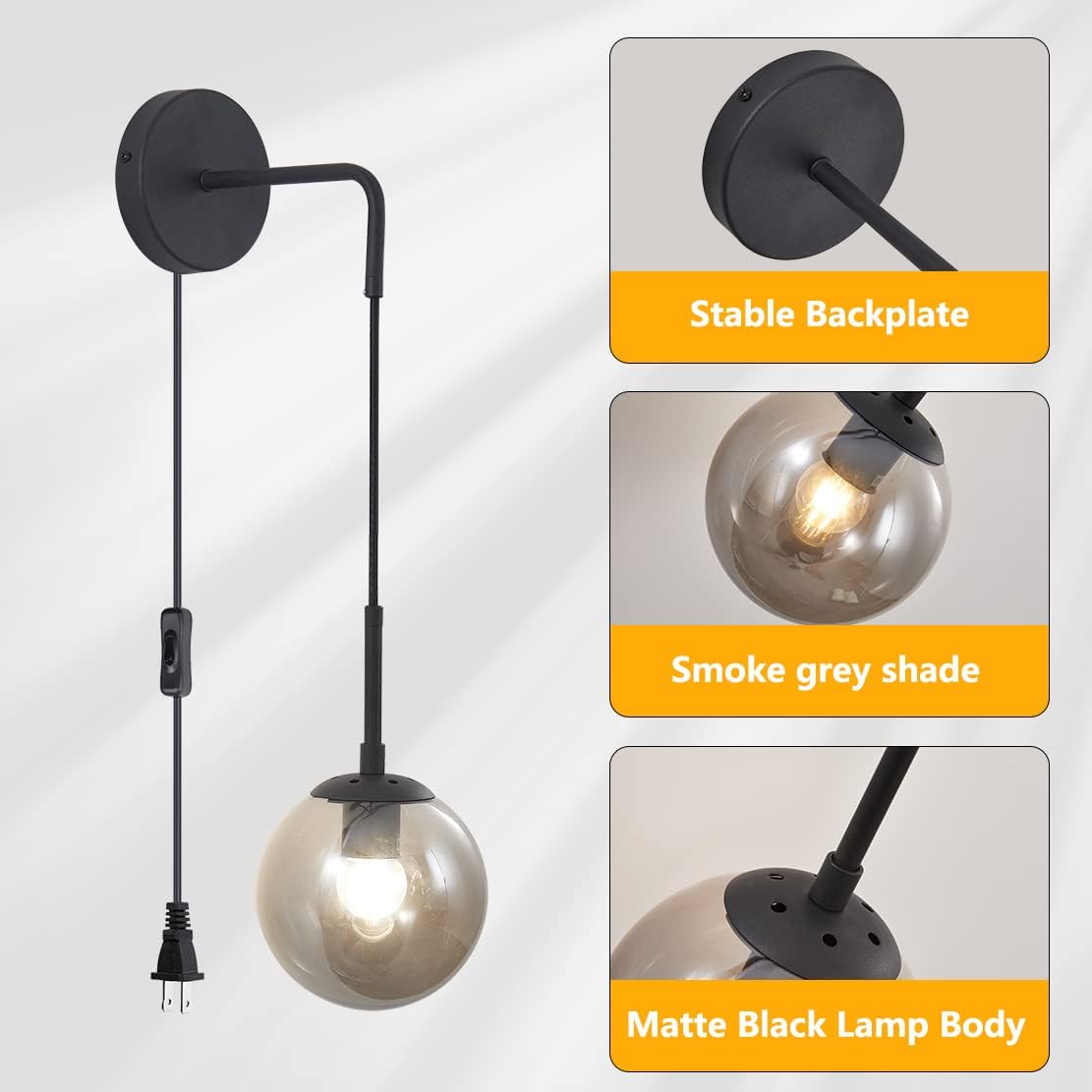 BOKT Modern Smoke Gray Glass Wall Sconce Lighting Set of Two Plug in Cord Mid Century Matte Black Wall Light Fixture Set of 2 Plug in Vanity Globe Bathroom Wall Lamp (Smoke Gray)